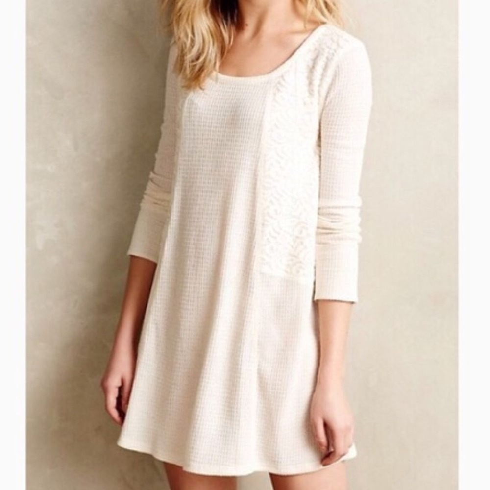 Anthropologie Eloise‎ Cream Gwyneria Lace Waffle Knit Mini Dress Tunic Size XS